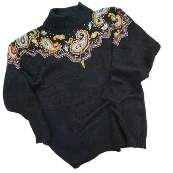 VINTAGE HAND BEADED SILK AGORA BLEND SWEATER, Black/Gold Multi, Women's Small - Picture 1 of 6